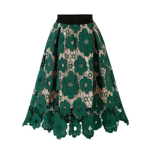 Falda midi de encaje para mujer con diseño floral Falda acampanada con cintura ancha y forro Ribete de flores de encaje Falda de poliéster verde