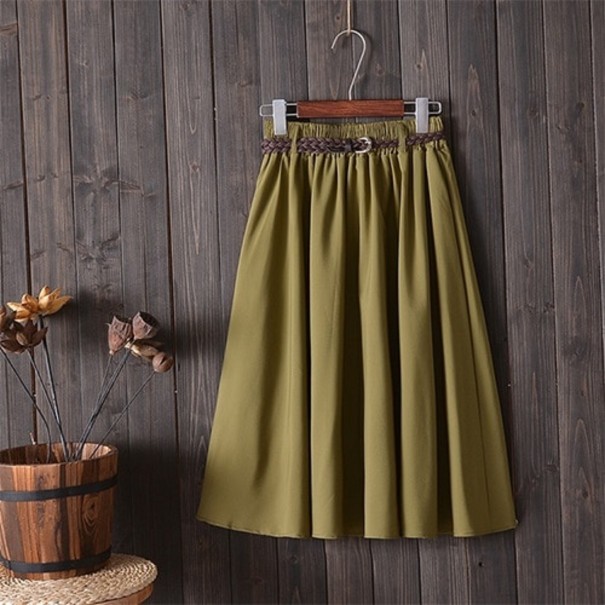 Falda midi de mujer con cinturón verde