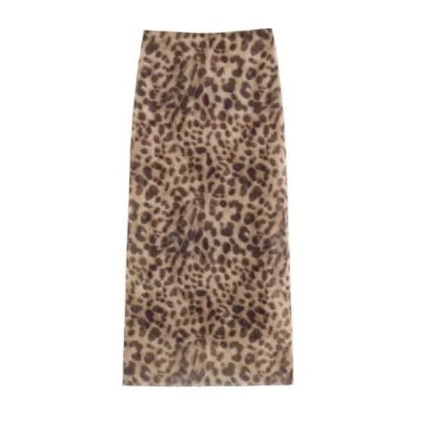 Falda midi larga de tul con estampado de leopardo para mujer, cintura alta elástica, elegante falda de malla con volantes, moda elegante S