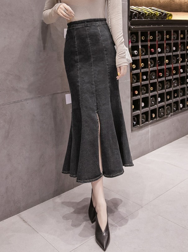 Falda midi vaquera de cintura alta para mujer negro S