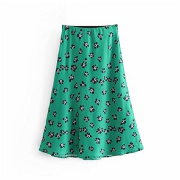 Falda midi verde para mujer con estampado floral Tejido de satén brillante Corte fluido y acampanado Seda artificial con nylon y spandex L