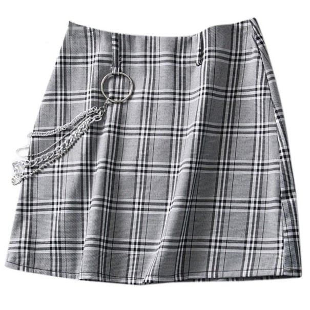 Falda mini de cuadros para mujer con cadenas y anillo metálico Cuadro gris con franjas negras y blancas Corte ligeramente acampanado Algodón S
