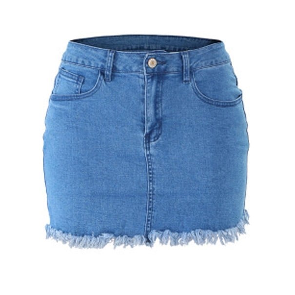 Falda mini de mezclilla para mujer con bajo deshilachado en azul Corte clásico de mezclilla Bolsillos delanteros y traseros Trabillas L