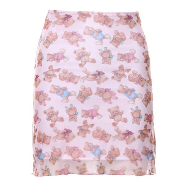 Falda mini para mujer con estampado de ositos Falda rosa de corte recto por encima de la rodilla con dobladillo ondulado Poliéster y spandex XS