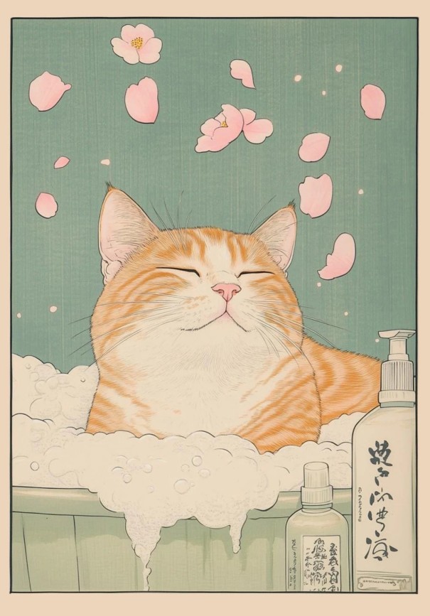 Fali kép 30 x 42 cm Vörös macska forró fürdőben Japán motívum Vászonnyomtatás Keret nélkül Stílusos dekoráció lakásba és szobába 1