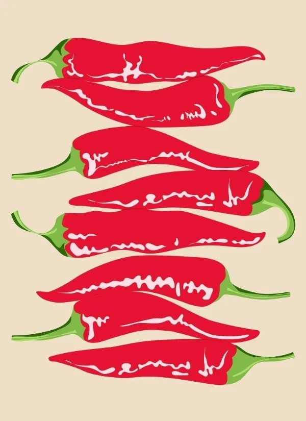 Fali kép 40 x 60 cm Chilli paprikák Konyhai dekoráció étteremhez Modern gastronomikai poszter Vászonra nyomtatva Keret nélkül 1