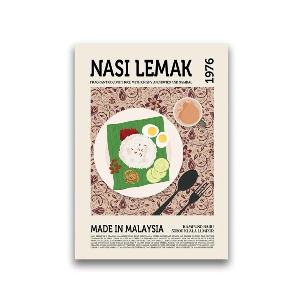Fali plakát 20 x 30 cm Nasi Lemak Világkonyha Ételkép vászonra Keret nélkül Fali dekoráció konyhába étterembe 1