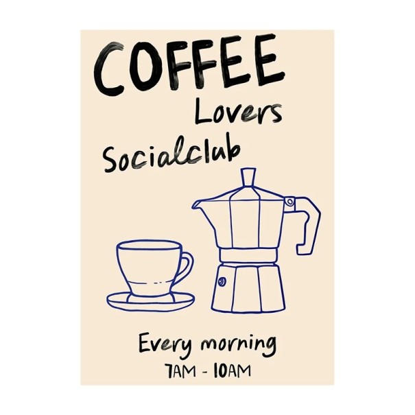 Fali plakát coffee lovers moka konvička és csésze 50 x 70 cm vászonra nyomtatva bézs dekoráció a konyhába, lakásba és kávézóba keret nélkül 1