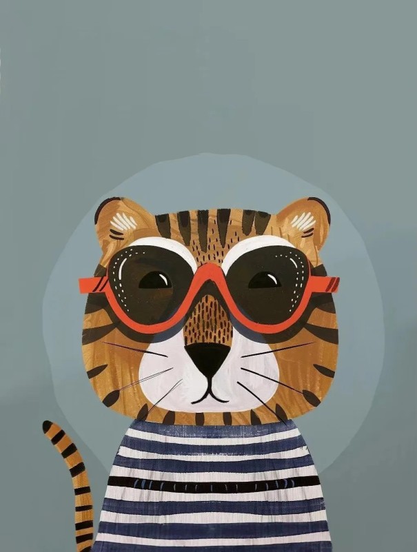 Fali plakát szemüveges tigris illusztrációval 30x40 cm vászon keret nélkül narancssárga kék dekoráció gyerekszobába 1