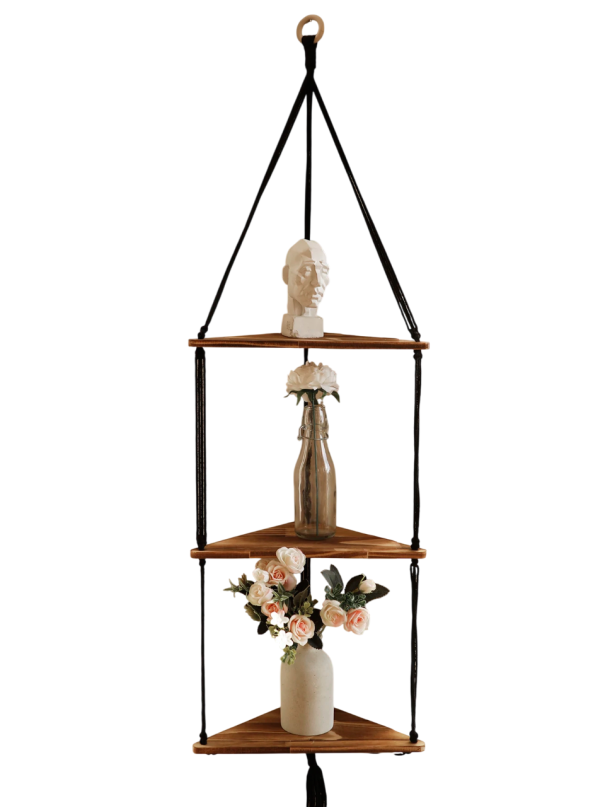 Fali sarokpolc 32 cm Háromszintes fa polc fekete zsinórral 122 cm a falra Dekorációk nélkül 1