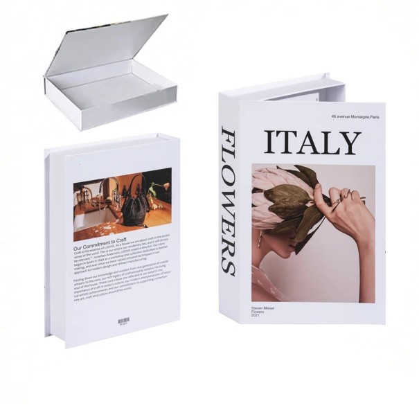 Falsa livro Itália com espaço de armazenamento Livro decorativo abrível branco com motivo de flores e inscrição Flores 1
