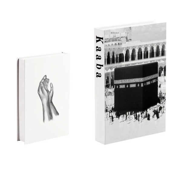 Falsk bok Öppningsbar dekorativ låda med förvaringsutrymme Design Kaaba svartvit motiv inredning bokhylla 1