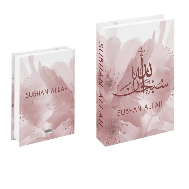Falsk dekoration bok Subhan Allah Oöppningsbar bokattrapp Modern inredningsdekoration med rosa blommotiv för hylla bord bibliotek 1