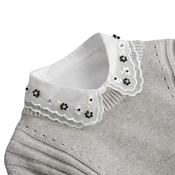 Falsk krage för kvinnor Vit med svarta 3D-blommor Elegant avtagbar krage Dam dekorativ krage för tröja blus