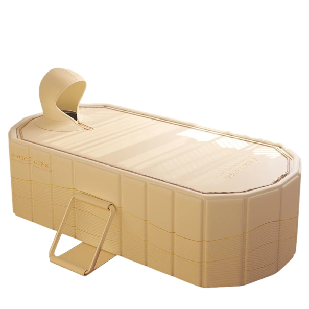 Faltbadewanne mit Deckel 150×50×55 cm wasserdichte PVC-Konstruktion beige tragbare Ganzkörperbadewanne für kalte und heiße Bäder zu Hause