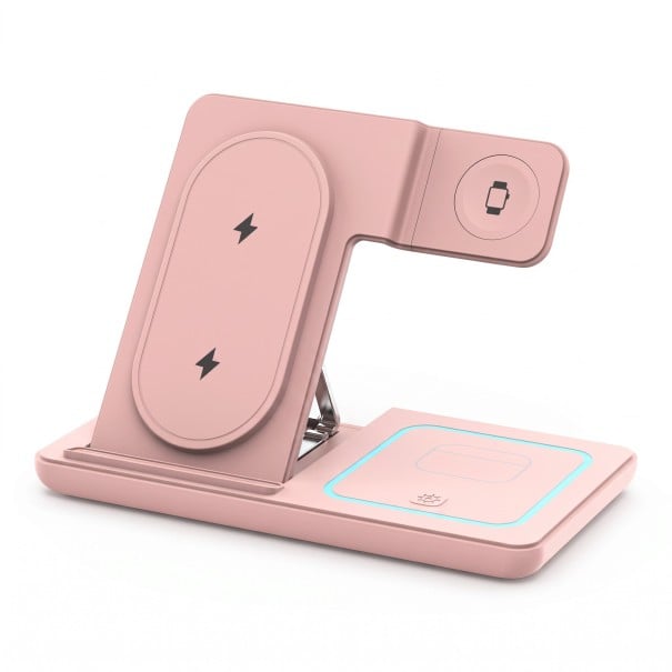 Faltbare drahtlose 3-in-1-Ladestation für iPhone, Apple Watch und AirPods, 30 W Schnellladung mit Nachtlicht und Kühllüfter rosa