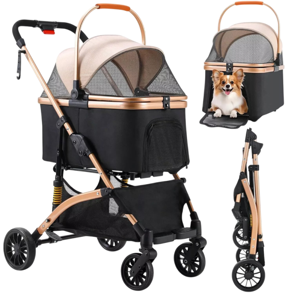 Faltbarer 4-in-1 Kinderwagen für kleine Hunde mit abnehmbarem Korb, PU-Rädern und Bremsen, Maße 66 x 56 x 98 cm, für Spaziergänge und im Auto