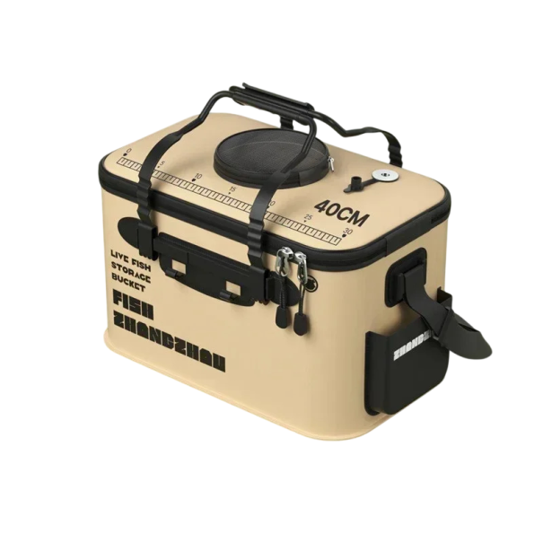 Faltbarer Angelkübel mit Deckel und Netz 40 × 25 × 22 cm EVA beige mit Tasche und seitlichem Halter für lebende Fische und Wasser 1