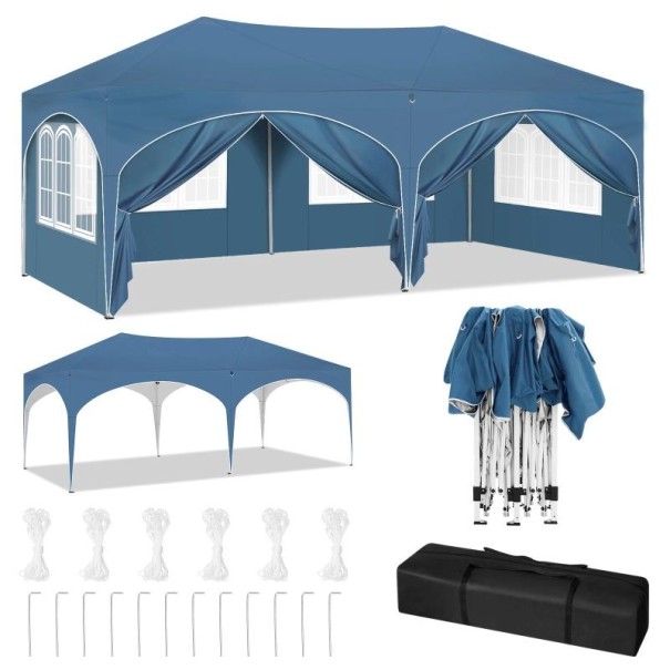 Faltbarer Gartenpavillon Partyzelt 3 x 6 m mit 6 Seitenwänden wasserdicht mit UV-Schutz höhenverstellbar für Garten und Outdoor-Veranstaltungen blau