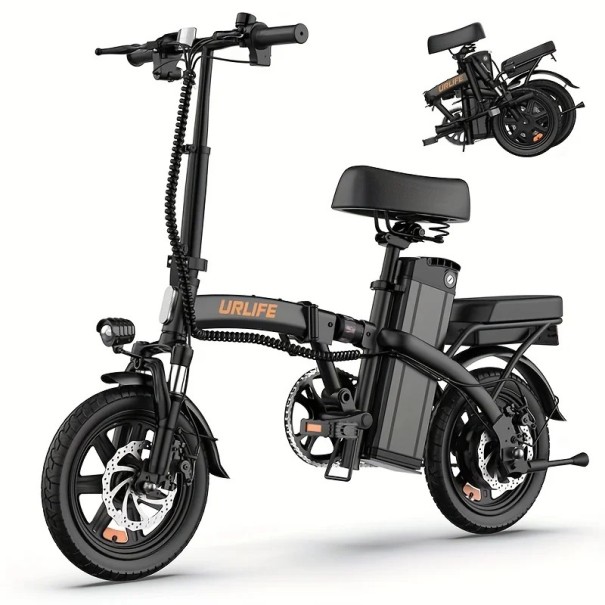 Faltbares Elektrofahrrad URLIFE mit abnehmbarer Batterie 48V 7,5Ah und zweitem Sitz, Tragfähigkeit 120 kg, Reichweite 60 km, schwarz, städtisch schwarz