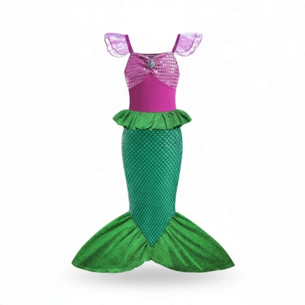 Fantasia de Sereia para Meninas Vestido Longo com Cauda de Peixe Corpete com Lantejoulas Mangas de Renda Poliéster e Algodão Roxo e Verde 4