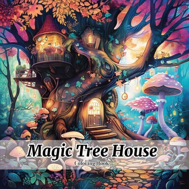 Fantasy omalovánky kouzelný stromový dům houby lesní krajina 20 × 20 cm jednostranný tisk relaxační kniha vybarvování 1