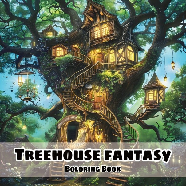 Fantasy omalovánky kouzelný stromový dům lesní krajina 20 × 20 cm jednostranný tisk relaxační kniha pro děti i dospělé 1