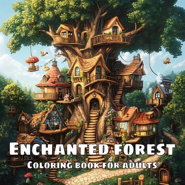 Fantasy omalovánky kúzelný les stromové domčeky 20 × 20 cm jednostranný tlač relaxačná kniha pre deti aj dospelých vyfarbovanie 1