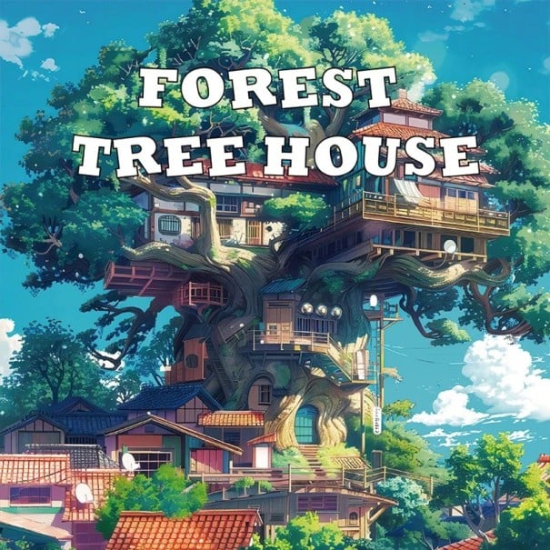 Fantasy omalovánky lesní stromový dům architektura v krajině 20 × 20 cm jednostranný tisk relaxační kniha vybarvování 1