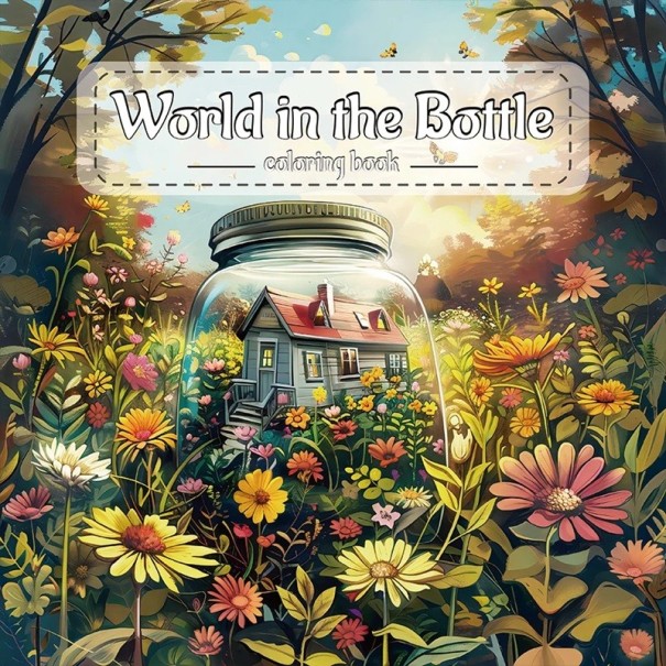 Fantasy omalovánky svět v láhvi dům v zahradě krajina 20 × 20 cm jednostranný tisk relaxační kniha pro děti i dospělé 1