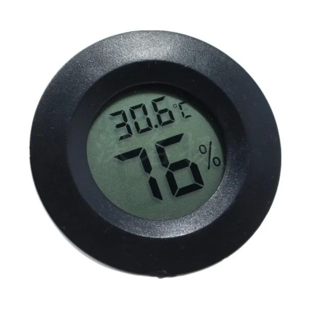Farbiges digitales Thermometer und Hygrometer, Durchmesser 45 mm, LCD-Anzeige mit Batterie, kompaktes Design für Boxen, Genauigkeit, Feuchtigkeitsüberwachung schwarz