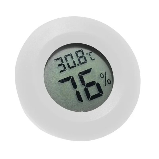 Farbiges digitales Thermometer und Hygrometer, Durchmesser 45 mm, LCD-Anzeige mit Batterie, kompaktes Design für Boxen, Genauigkeit, Feuchtigkeitsüberwachung weiß