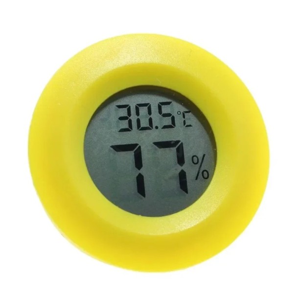 Färg digital termometer och hygrometer, diameter 45 mm, LCD-display med batteri, kompakt design för lådor, noggrannhet, fuktighetsövervakning gul