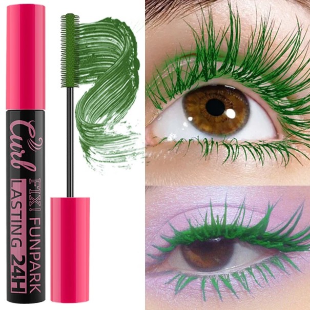 Färgglad, vattenfast mascara för att förstärka ögonfransarna med långvarigt fäste, resistent mot vatten och svett för fräsch och uttrycksfull makeup grön