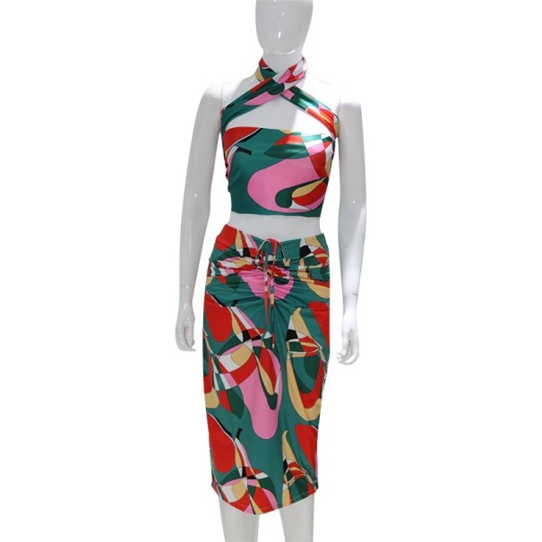 Farverig crop top og nederdel til kvinder B883 XS