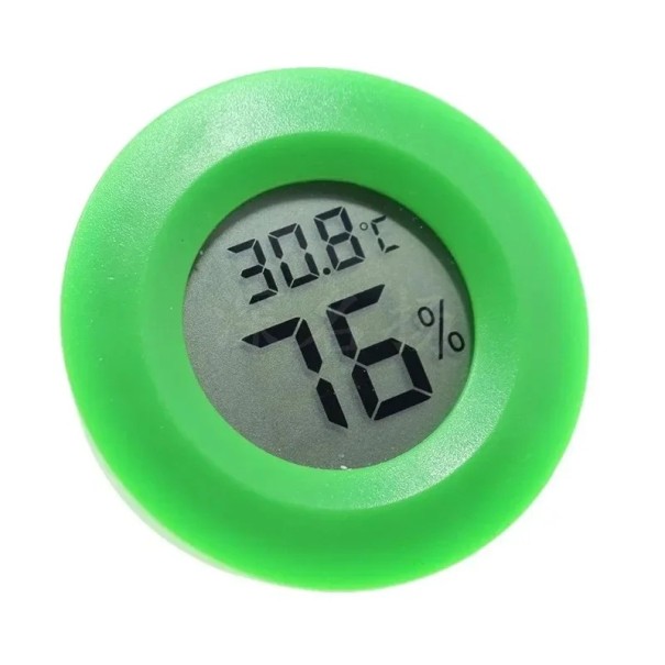 Farvet digitalt termometer og hygrometer, diameter 45 mm, LCD-display med batteri, kompakt design til kasser, nøjagtighed, fugtighedsovervågning grøn