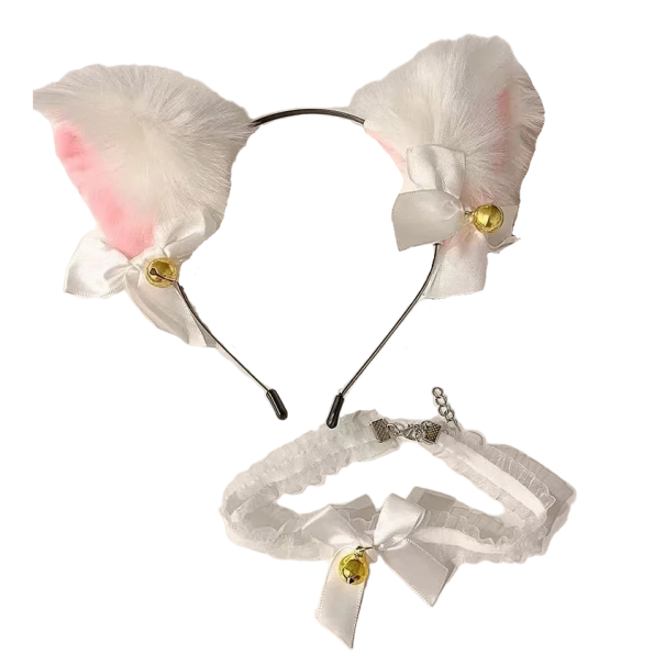 Fascia con orecchie da gatto e choker con campanellino bianco