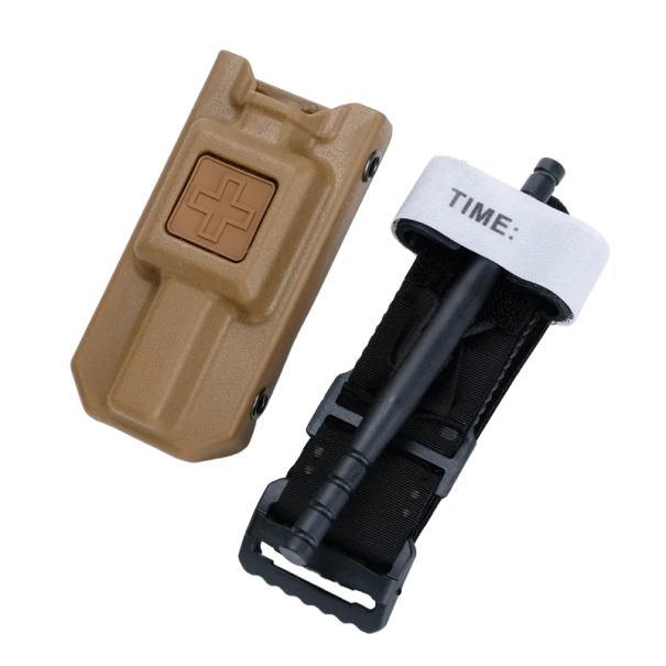 Fascia emostatica tattica con custodia per cintura Turniket tattico per applicazione a una mano Cinghia di serraggio Mandrino in plastica 12 x 6 cm marrone