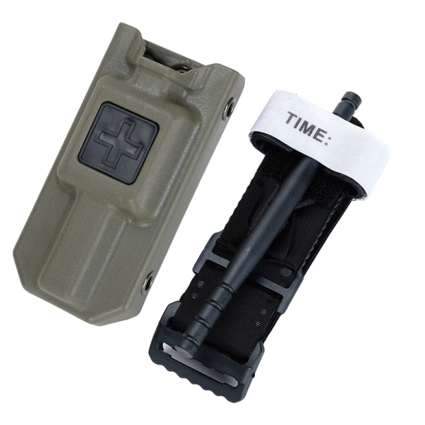 Fascia emostatica tattica con custodia per cintura Turniket tattico per applicazione a una mano Cinghia di serraggio Mandrino in plastica 12 x 6 cm verde militare