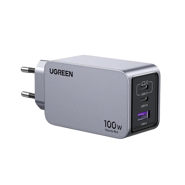 Fast Charger 100W 3 Ports 2x USB-C 1x USB-A GaN EU Plug Grey for Phone Tablet Laptop Charging 1