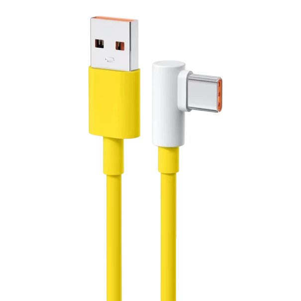 Fast Charging Cable USB A to USB C 1.5 m 100W Right Angle Connector 90 Degrees 6A Braided Cable 480 Mbps High-Speed Data Transfer and Charging yellow