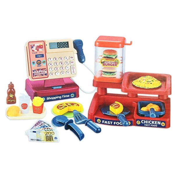 Fast Food Seller Toy Set Plastic Cash Register with Accessories Food, Tray, Cutlery, Banknotes and Snack Counter 1