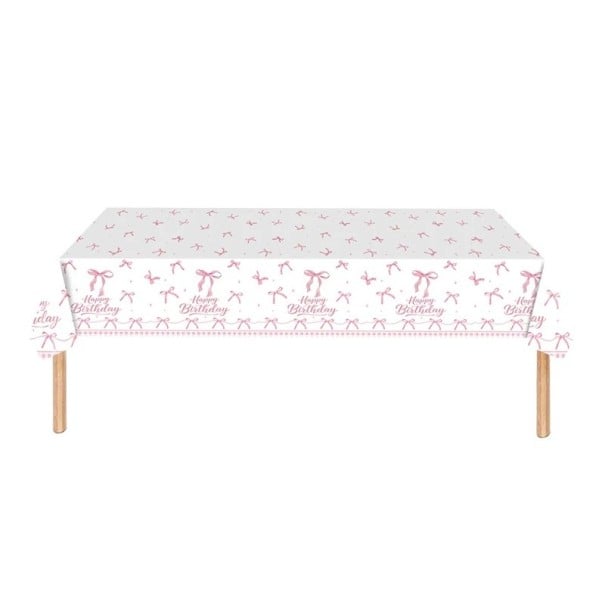 Față de masă 137 x 274 cm La mulți ani Fundițe roz Față de masă aniversară Decorațiune de masă de unică folosință pentru petrecere 1