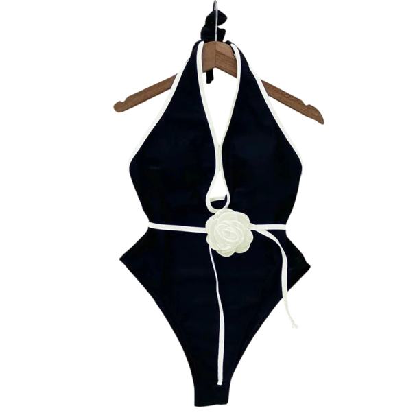 Fato de banho feminino de uma peça com decote profundo Florido Retro estilo Laço no pescoço Roupa de praia elegante preto L