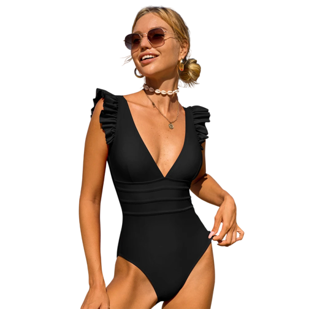 Fato de banho feminino de uma peça com folhos nos ombros Decote profundo Cintura modeladora Costas abertas Modelo elegante de verão para a praia e piscina preto L