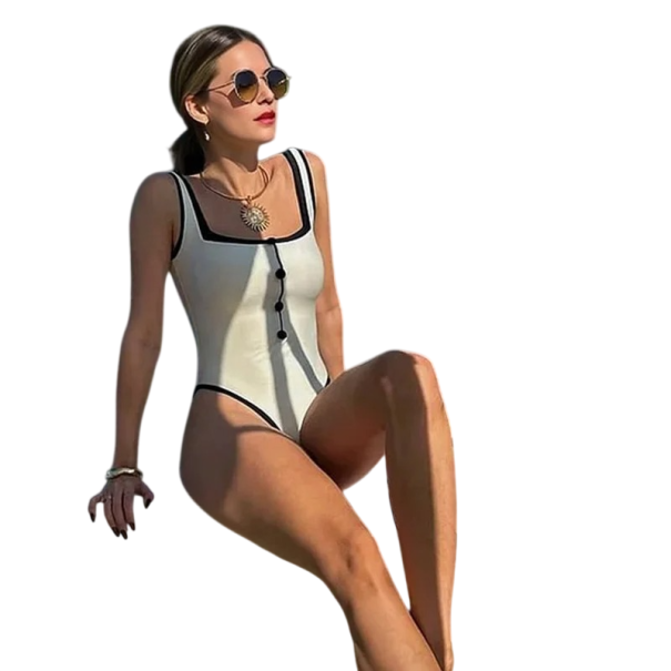 Fato de banho feminino de uma peça Cor sólida Decote em O com botões Poliéster Material de secagem rápida Moda de praia de verão branco S