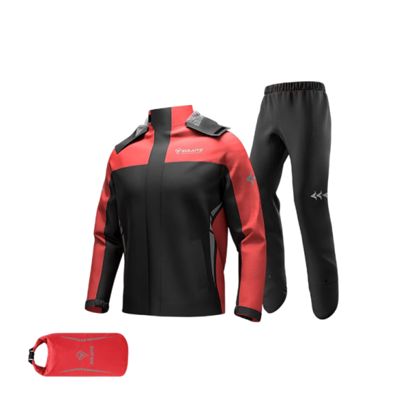 Fato de chuva unisex para moto, casaco e calças ultraleves em poliéster TPU de 3 camadas com capuz, elementos reflexivos, fecho à prova de água vermelho M