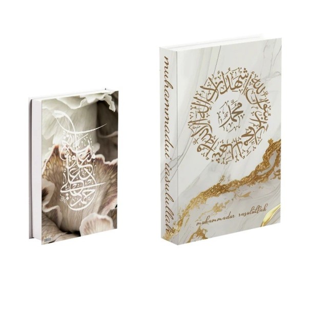 Fausse décoration de livre Muhammad Rasulullah Design en marbre blanc avec détails dorés Faux livre non ouvrable 1