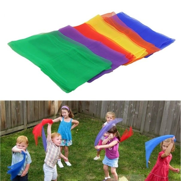 Fazzoletti per giocoleria per bambini 6 pz in sei colori Tessuto trasparente leggero 60 x 60 cm Per danza e giochi di movimento all'aperto e in casa 1