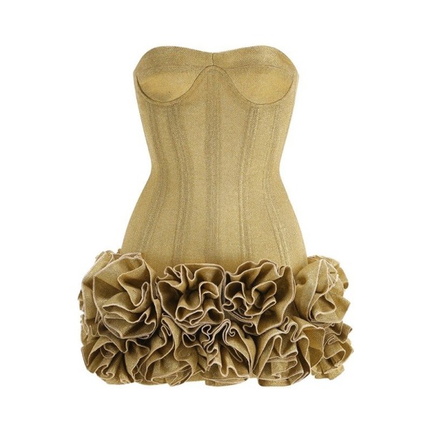 Feestminijurk met strapless korsetlijfje en veterdetail. Gelaagde rucherok voor een gedurfde feestelijke look. goud L